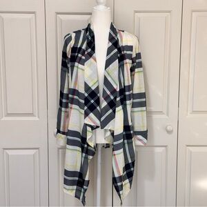 New York Laundry Blue Plaid Waterfall Drape Cardigan Open Front Roll Tab Sz L